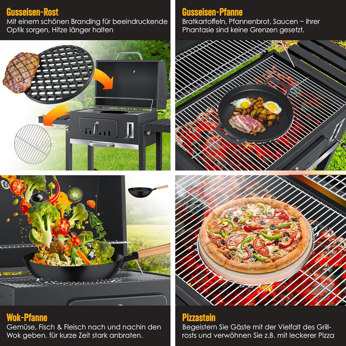 KESSER® Barbacoa Carrito BBQ Smoker XXL Parrilla de carbón con tapa, ruedas, asa de acero inoxidable, rejilla y termómetro, 8 brochetas con estuche y pincel de silicona, parrilla de pie, carrito de carbón