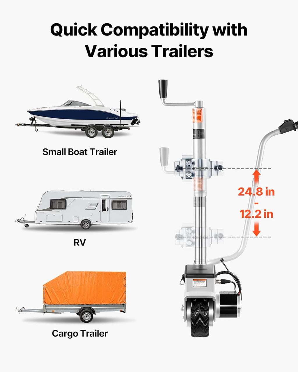 VEVOR Rueda Jockey Eléctrica Motorizada para Remolque 2,5 t, Movedor de Remolque 380 W 12 V, Velocidad de Desplazamiento 7 m/min, Altura de Abrazadera Ajustable 31-63 cm, Neumático de Goma 20,3 cm para Mover Caravanas y Barcos