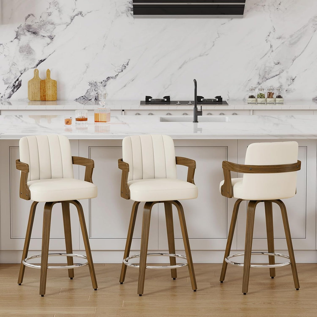 Juego de 2 taburetes de bar giratorios 360° con reposabrazos, altura del asiento de 65 cm, acolchados (7 cm) de piel sintética, silla de bar con patas de madera y reposapiés, taburete de cocina para isla, mostrador y comedor, blanco