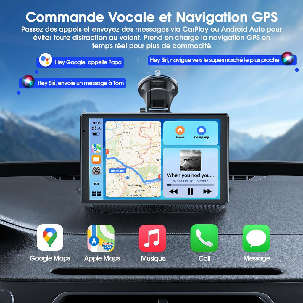 Pantalla Avylet CarPlay y Android Auto inalámbrica de 8'' con cámara de reversa AHD 1080P, Mirror Link, control por voz, llamadas manos libres, Bluetooth, actualización OTA, navegación GPS, AUX, FM