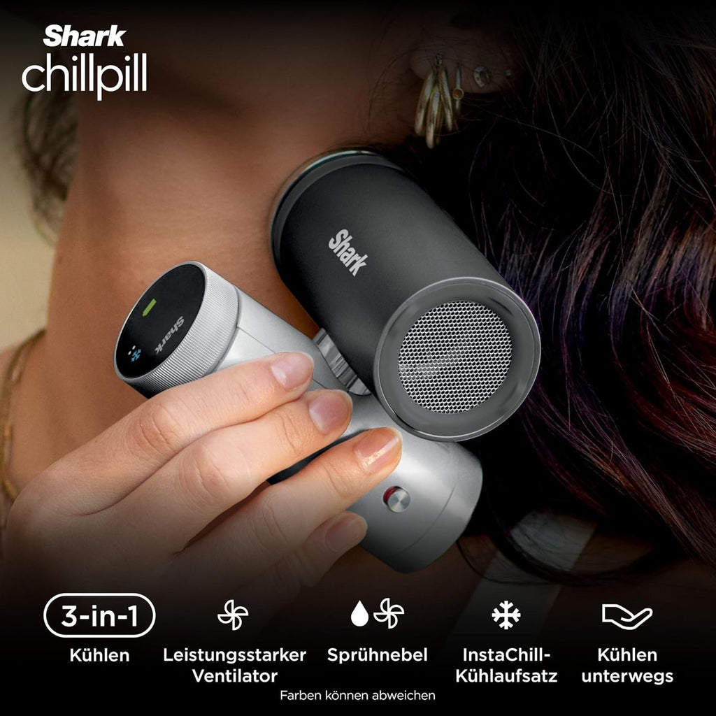 Ventilador de mano de alta velocidad 3 en 1 Shark ChillPill, sistema de nebulización e InstaChill, con 3 accesorios de refrigeración, diseño apto para viajes, gris claro FA022EULV