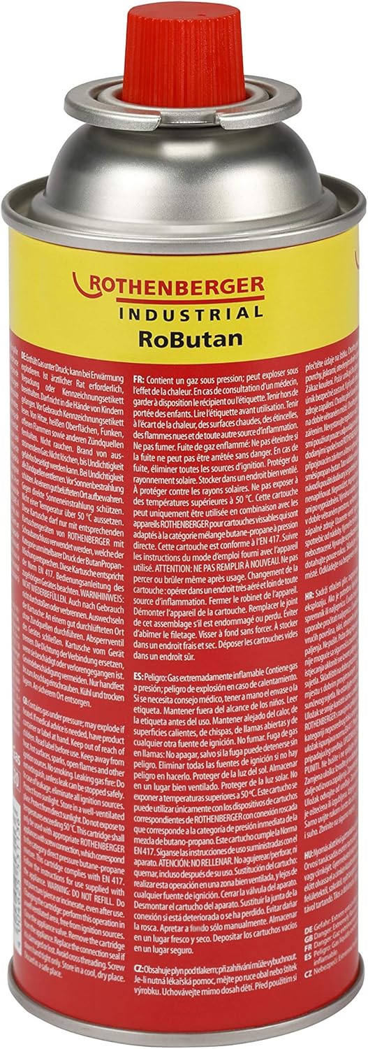 Cartucho de gas industrial Rothenberger Robutan 220 g/393 ml, cierre de bayoneta, MSF-1A, cartucho de gas con válvula, quemador de camping para exteriores, herbicida