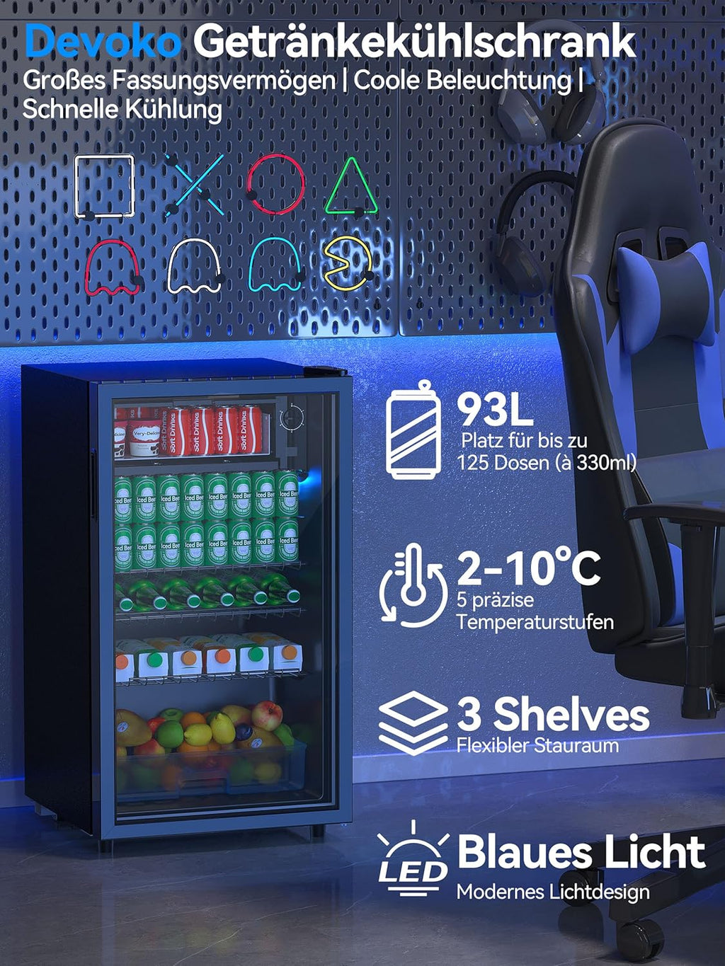 Devoko Refrigerador de bebidas con puerta de cristal, mininevera de 93 L, con luces LED RGB, estantes ajustables, para interior/exterior, para el hogar, oficina, fiestas y hostelería, minibar, refrigerador negro