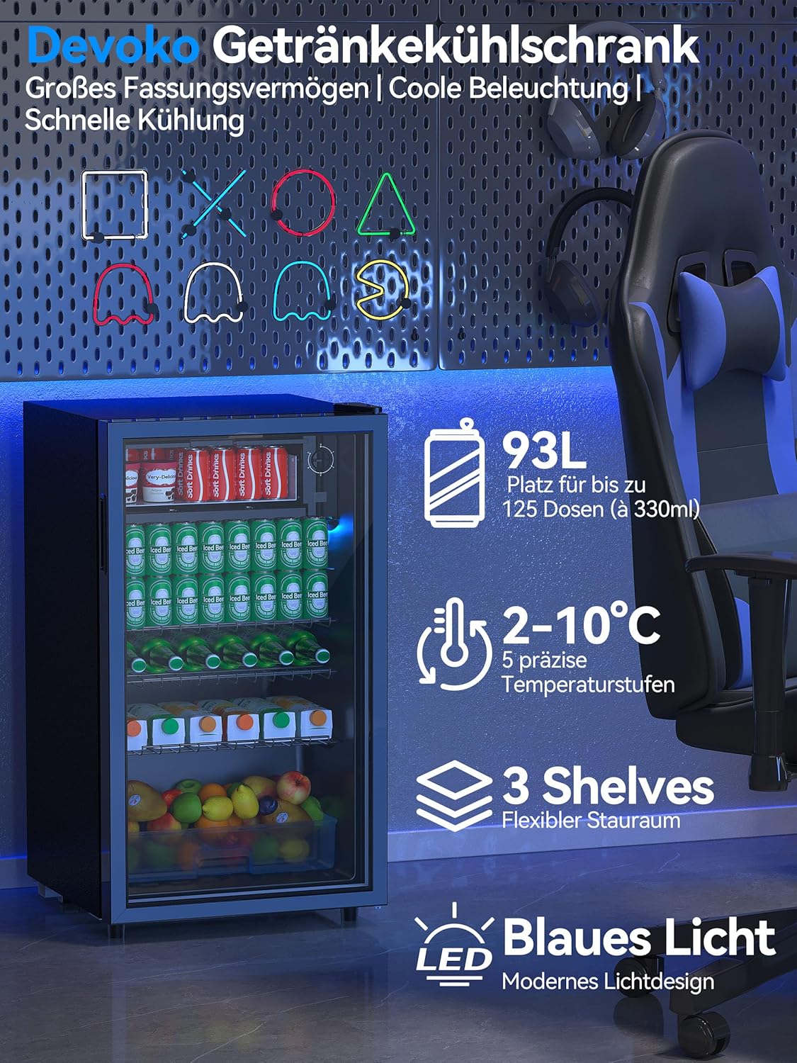 Devoko Refrigerador de bebidas con puerta de cristal, mininevera de 93 L, con luces LED RGB, estantes ajustables, para interior/exterior, para el hogar, oficina, fiestas y hostelería, minibar, refrigerador negro