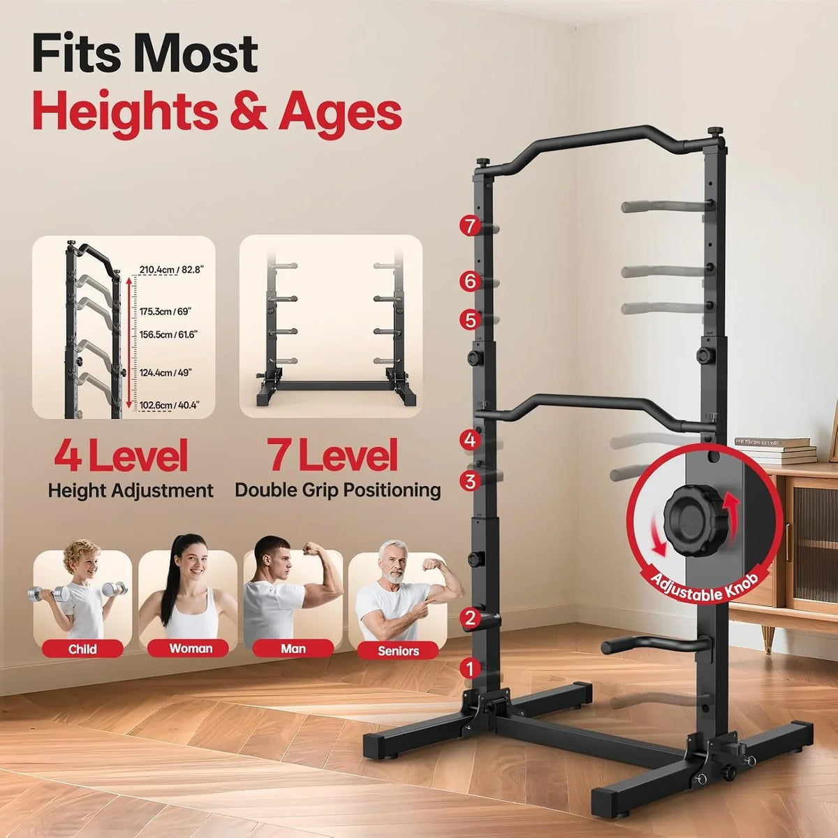 Estación de dominadas y fondos plegable y ajustable en altura, torre de fuerza 5 en 1 para gimnasio en casa, Power Tower con capacidad de carga de hasta 172 kg