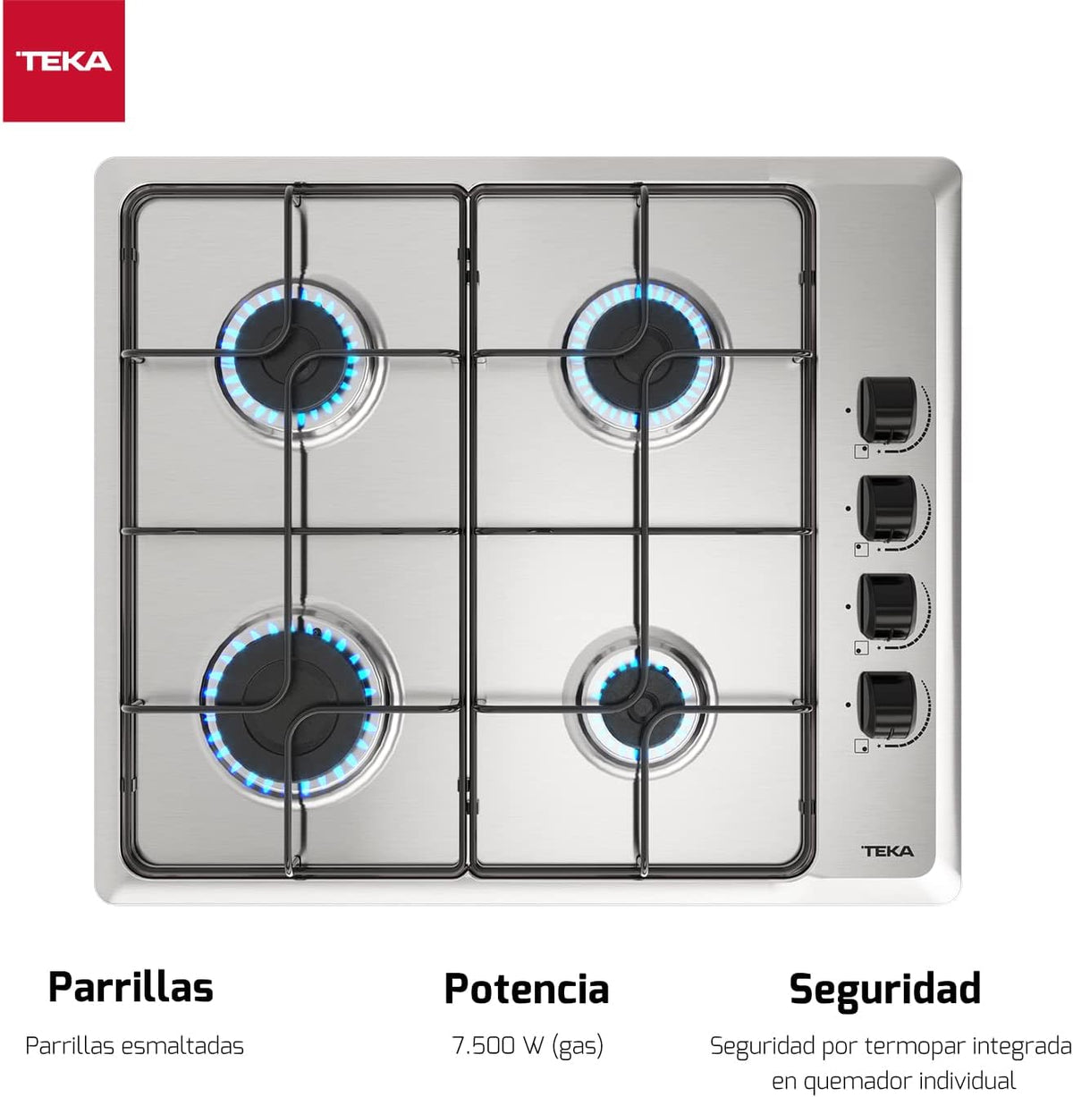 Placa de gas butano TEKA, 60 cm, 4 fuegos, mandos ergonómicos, seguridad por termopar, parrillas esmaltadas, HLX 640 KL