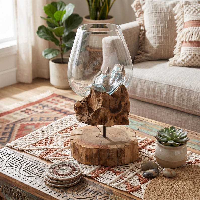 Jarrón de vidrio soplado a mano sobre soporte de madera, centro de mesa de madera flotante, decoración del hogar estilo boho