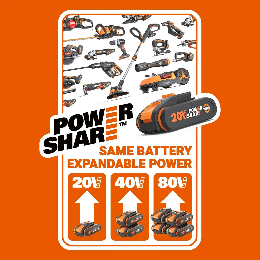 Cortacésped WORX WG737E Nitro 40V 2x20V sin escobillas, ancho de corte 37cm, 6 posiciones, saco recolector 40L, con 2 baterías 4Ah y cargador dual