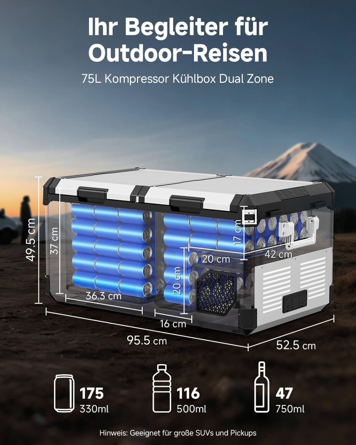 AAOBOSI Nevera de compresor de 95 L, zona dual de hasta -20 ℃, carcasa de acero inoxidable e interior de aluminio, 12/24 V CC y 230 V CA, nevera de compresor para coche, barco, camping y todoterreno