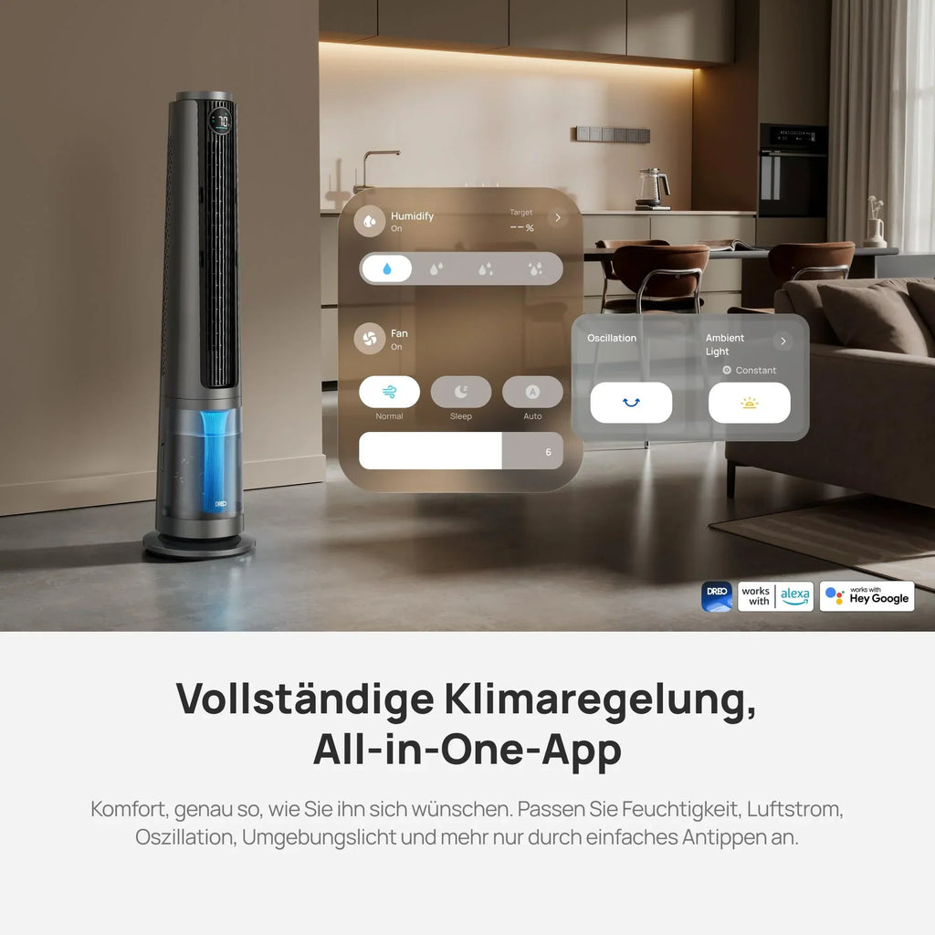 Ventilador nebulizador 765S, ventilador de torre 3 en 1, depósito de 6 L, flujo de aire de 10,4 m/s, control por aplicación Wi-Fi, 12 velocidades, 4 modos