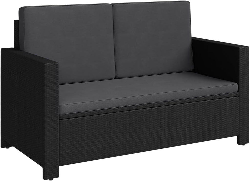 STEELSØN Elnath Sofá de jardín de 2 plazas – Salón de jardín de ratán negro/antracita – Cama lounge para balcón/jardín/terraza – sofá pequeño que ahorra espacio – Set de sofá para exteriores con cojines – muebles de balcón resistentes a la intemperie
