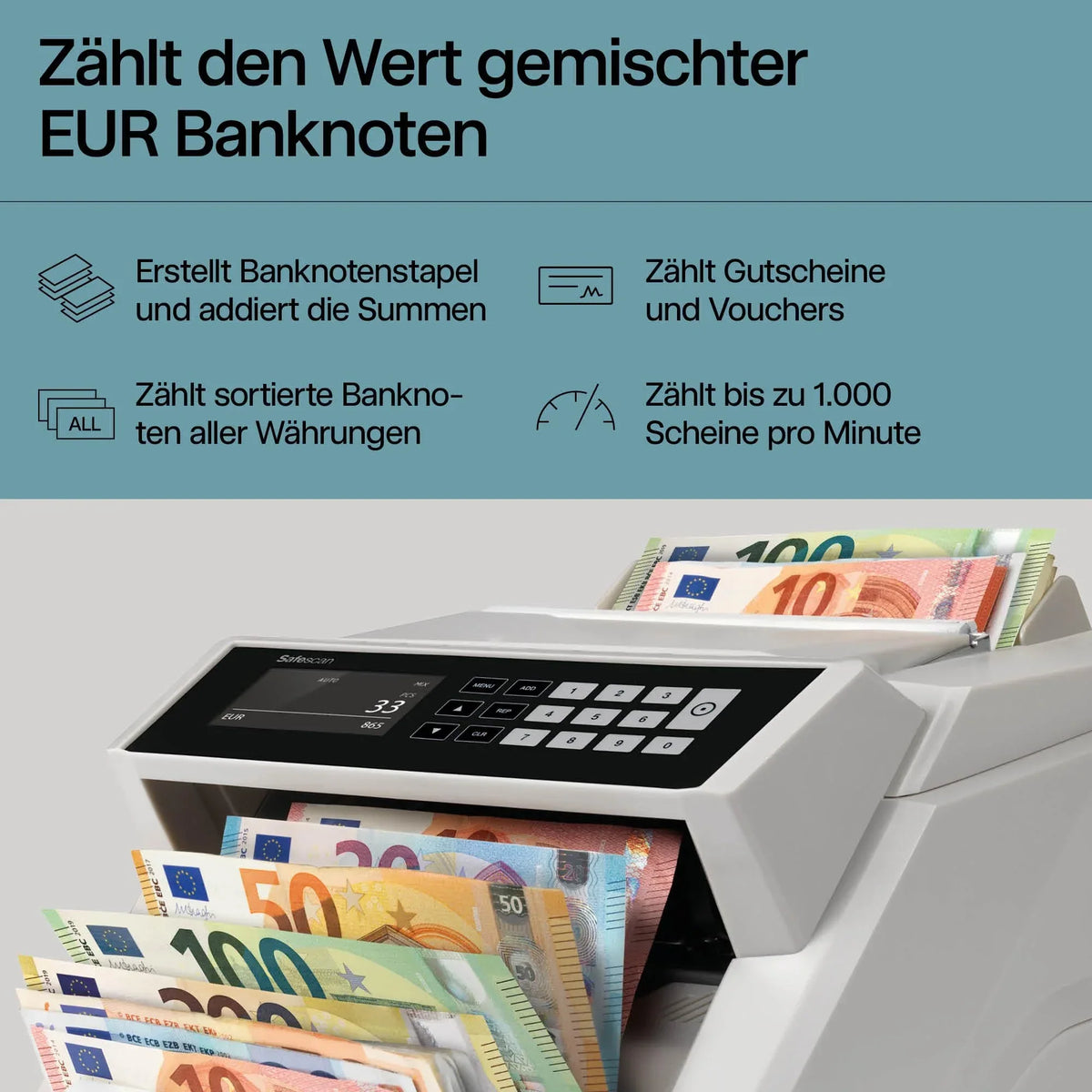 Contadora de billetes Safescan 2465 S, recuento de valor, 7 métodos de detección de autenticidad, cuenta billetes clasificados de todas las divisas.