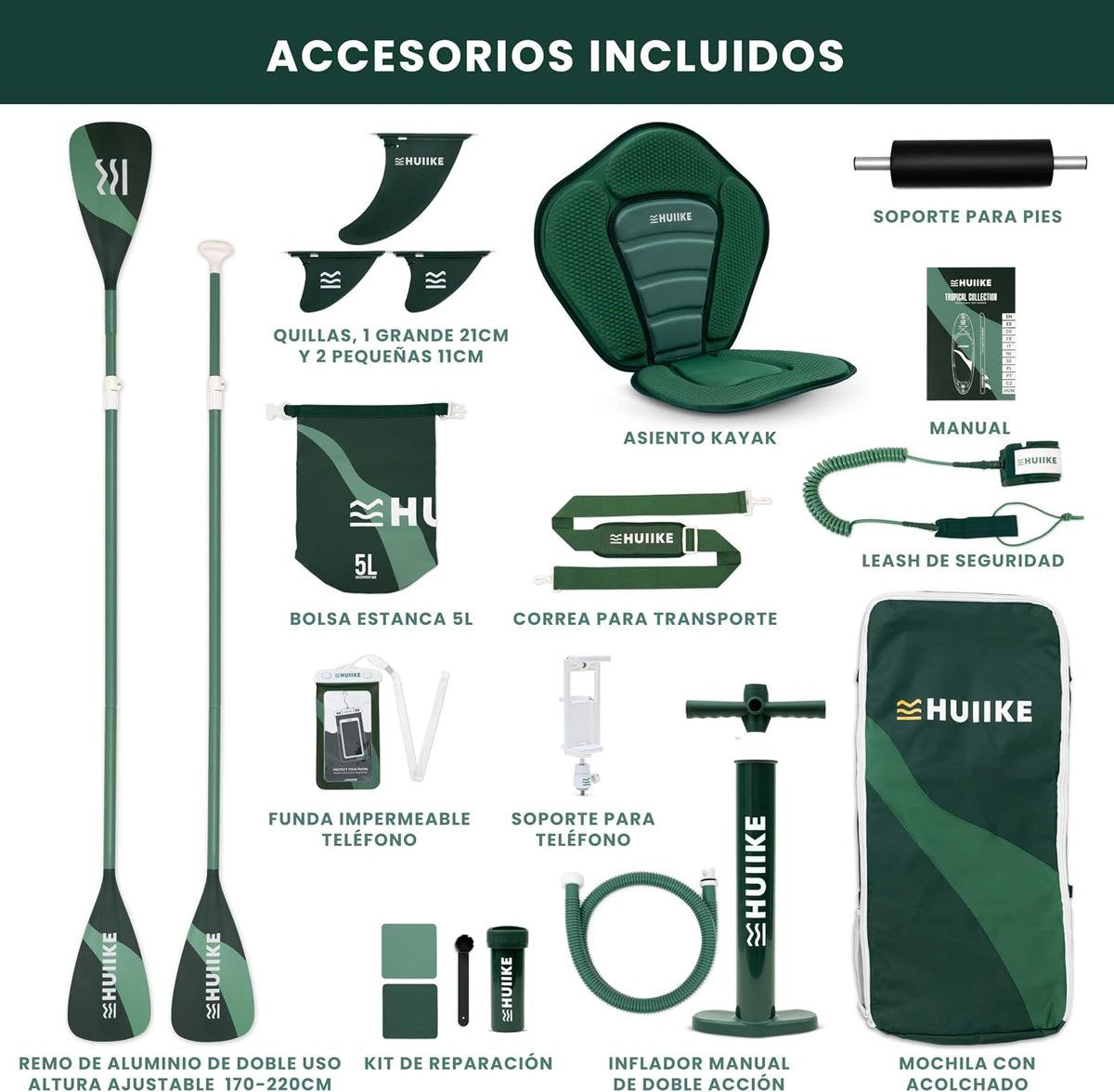 Tabla de Paddle Surf Hinchable HUIIKE con accesorios incluidos, remo, quillas, inflador. Stand Up Paddle Board de gran estabilidad y resistencia. 305 x 84 x 15 cm, soporta hasta 130 kg
