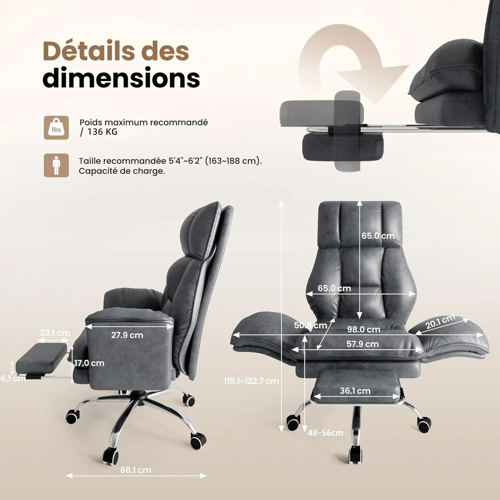Silla de oficina con reposapiés modelo BGY01, silla giratoria de tela de peluche, respaldo ajustable a 135°, asiento extra ancho para oficina en casa