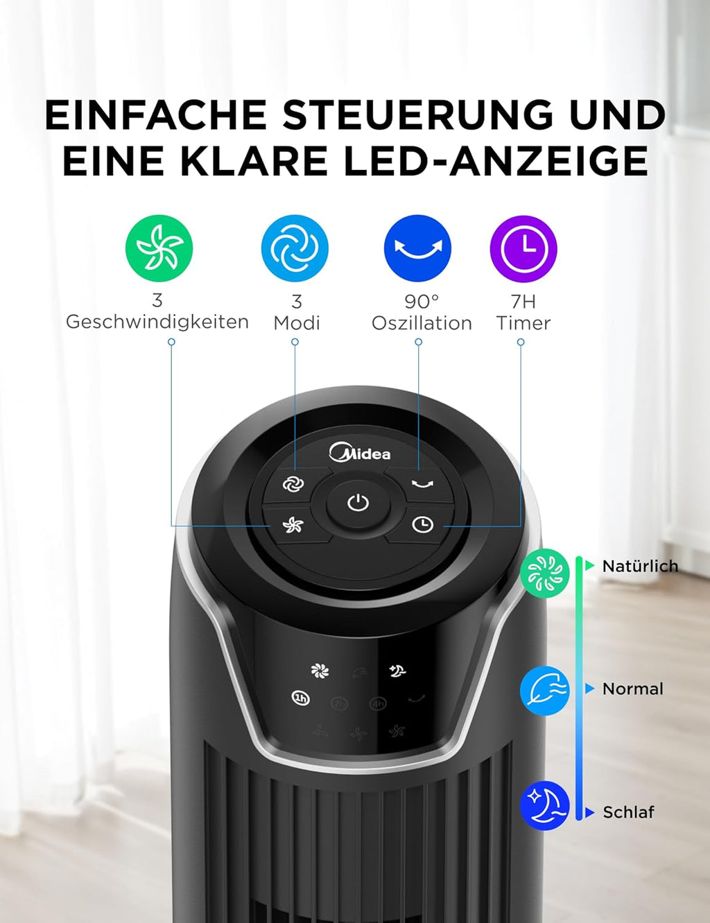 Ventilador de torre Midea FZ10-17JR silencioso con mando a distancia 92 cm, ventilador móvil, ventilador de columna, temporizador de 7 horas, 3 modos, 3 velocidades, ventilador de pie 45 W, negro