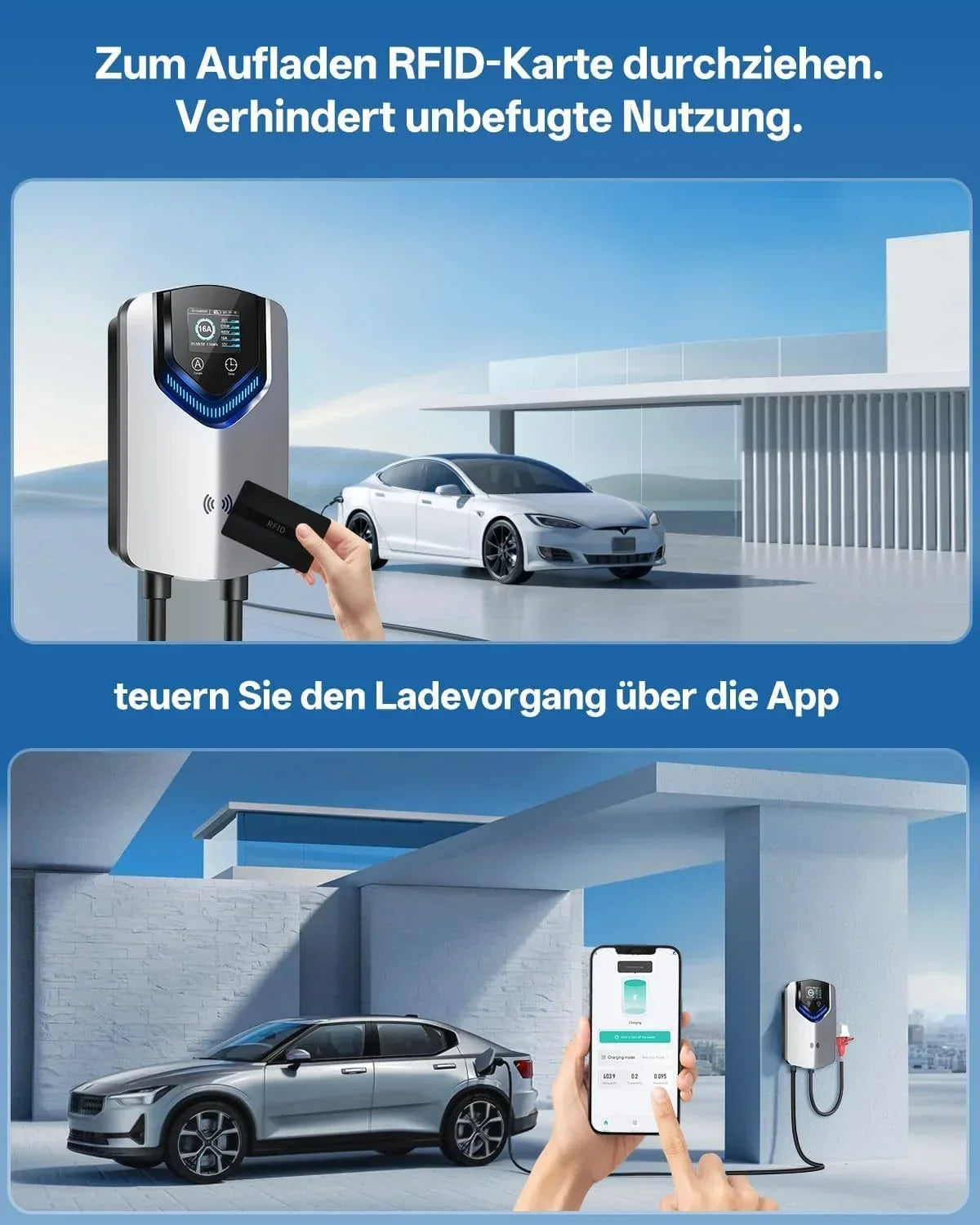 Cargador Wallbox para carga mediante APP, RFID, 11 kW, 400 V, 6-16 A, tipo 2, estación de carga para VE, cable de 8 m con soporte para cable