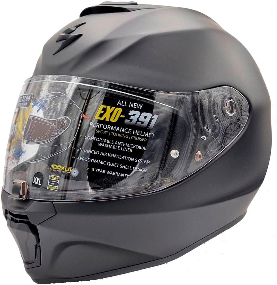 Scorpion Exo-391 Negro Mate Sólido | Casco de moto integral unisex para hombre y mujer - Homologado ECE 22.06