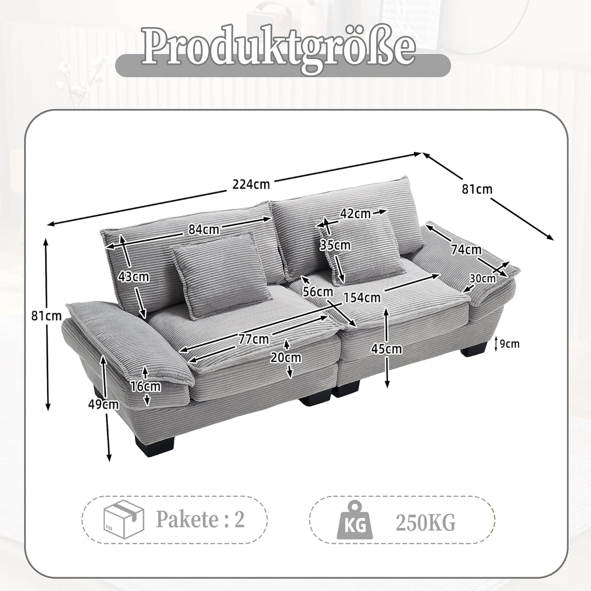 Sofá de 3 plazas, sofá con reposabrazos, cojines decorativos, sofá tapizado con funda de pana, acolchado grueso, sofá lounge, capacidad de carga hasta 450 kg, para sala de estar, dormitorio, 224x81x81cm (gris claro)