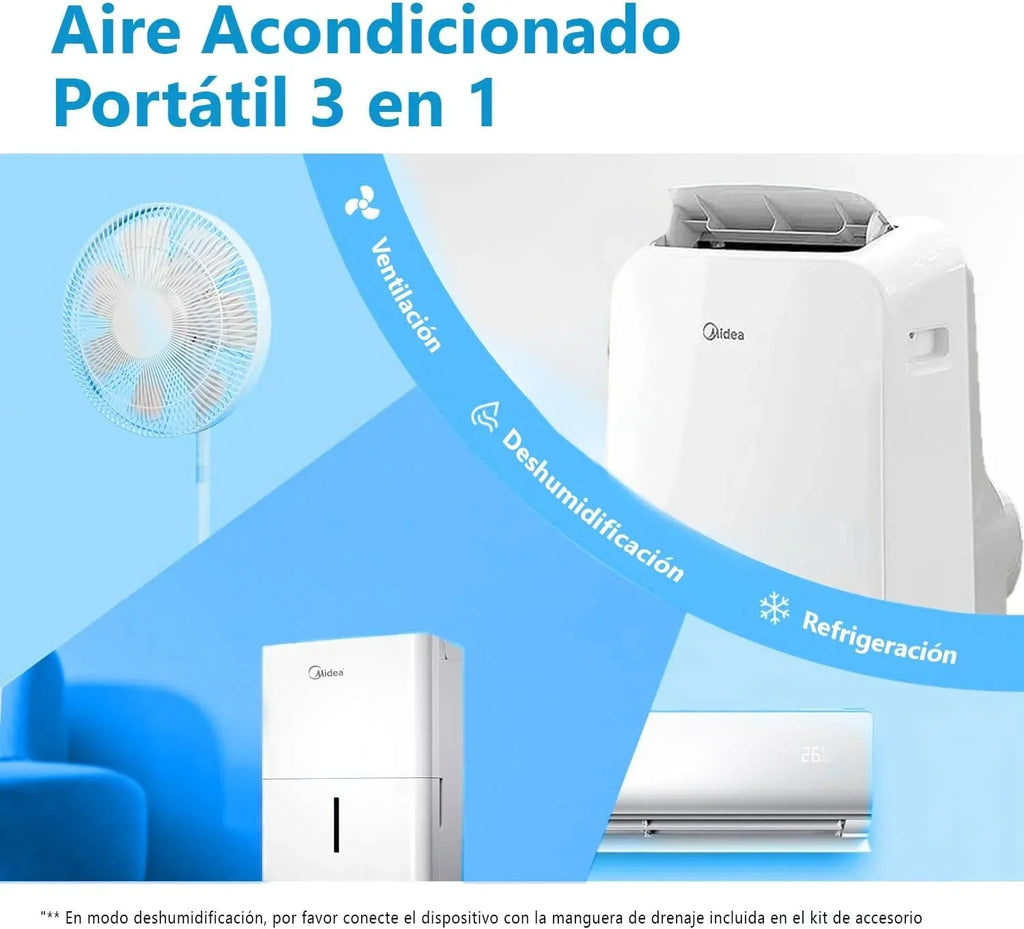 Aire Acondicionado Portátil MIDEA Pingüino 3 en 1 | 3000 Frigorías / 12000 BTU | Aire acondicionado silencioso para 43m2 - Deshumidificador, Ventilador, Climatizador 3500 W - 4 modalidades con kit de ventana
