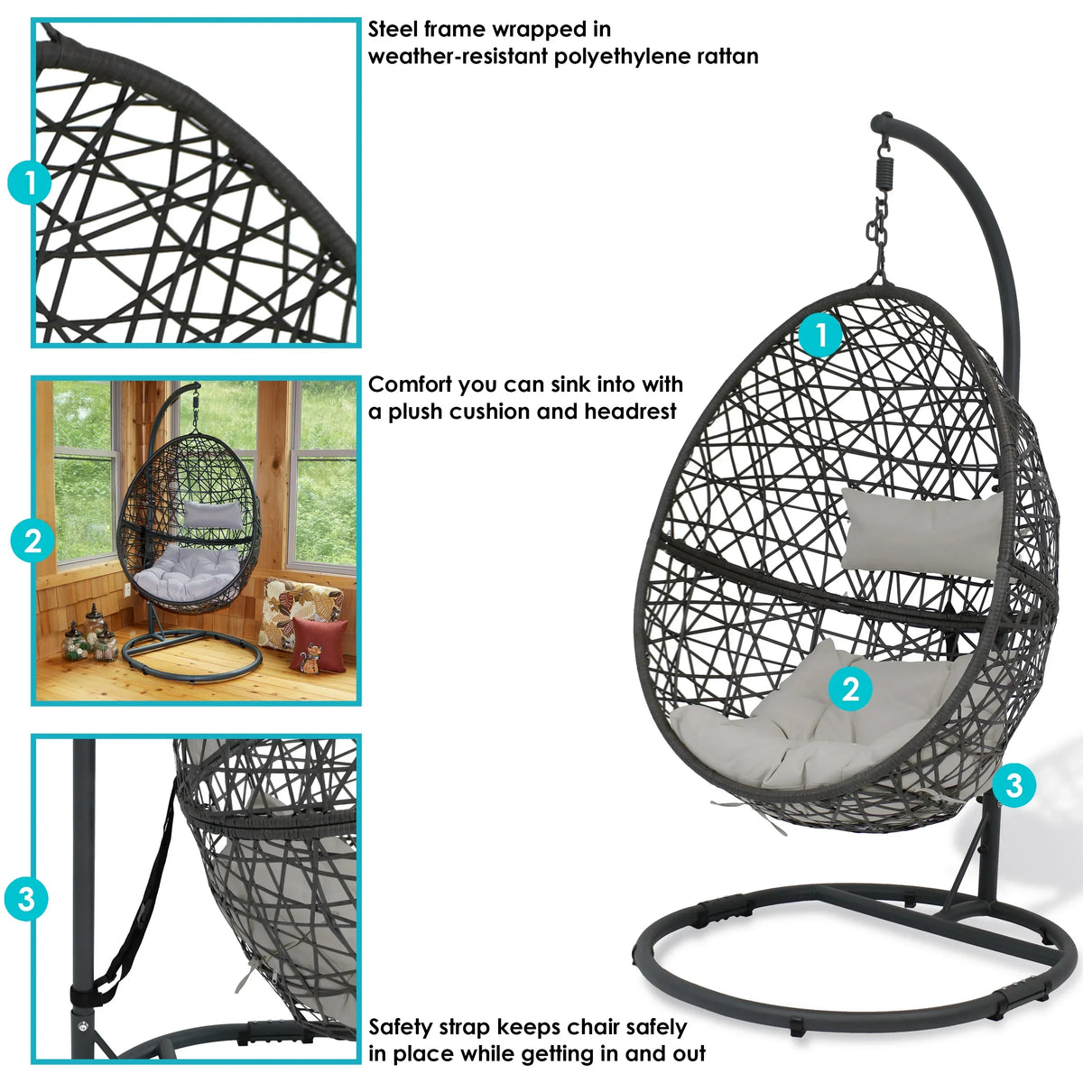 Silla Colgante en Forma de Huevo Sunnydaze Caroline 2025 con Estructura de Acero y Cojín