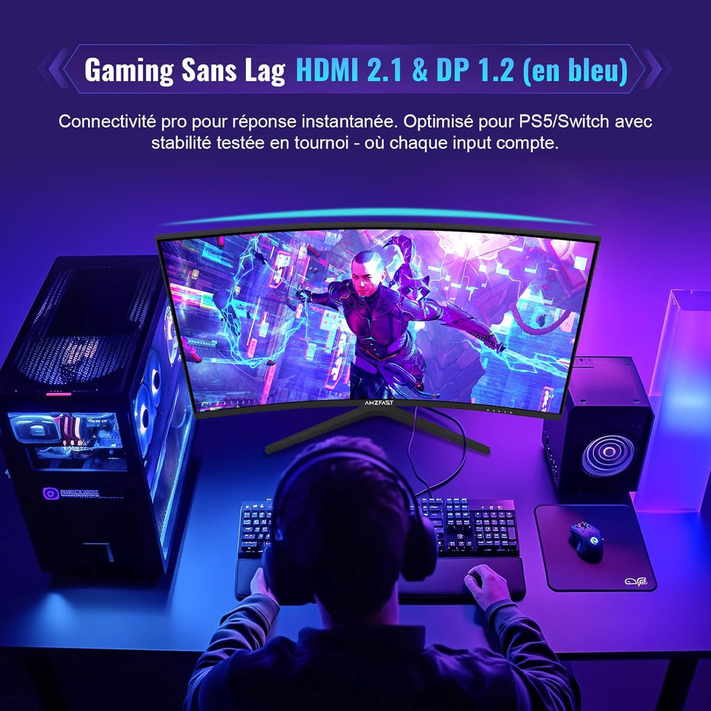 Monitor Gaming Curvo Amzfast de 32 pulgadas, QHD 2560x1440, 180Hz, 1 ms MPRT, 1500R, Adaptive Sync, luz azul reducida, sRGB 120%, HDR, HDMI 2.0/DP 1.2, VESA 75x75, AMZG32C3Q