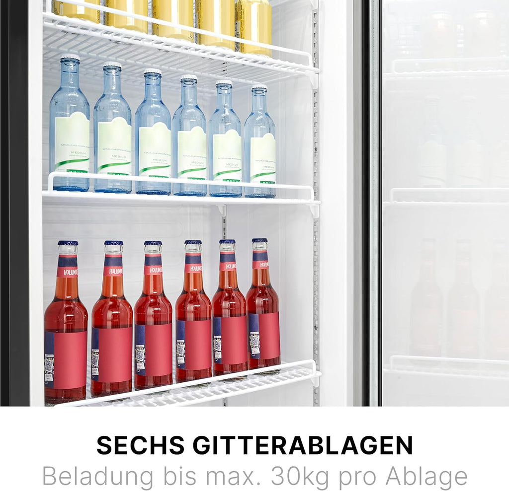 Refrigerador Bomann® con puerta de cristal | Refrigerador de bebidas con cerradura | 6 estantes de altura regulable | 30 kg por estante | 347 litros | Refrigerador grande | Refrigerador para botellas con luz LED | KSG 7351 negro
