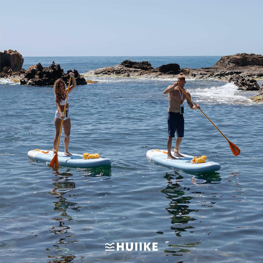 Tabla de Stand Up Paddle HUIIKE con accesorios, remo, aletas, correa, bomba y mochila. Tabla de SUP inflable de gran estabilidad y resistencia. Convertible en kayak, 305-365 cm, soporta 130-170 kg.
