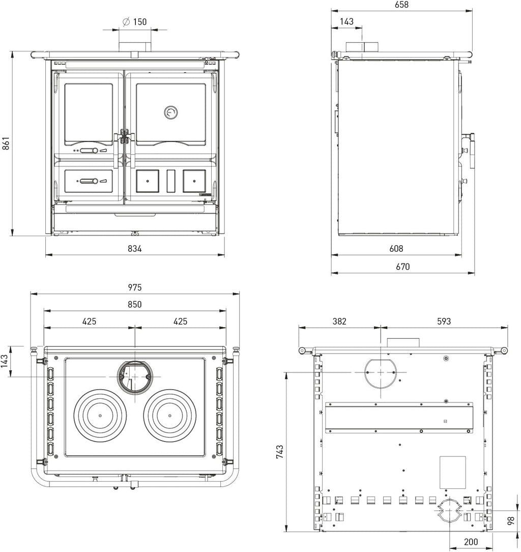 Cocina de leña La Nordica Rosa L 16, acero antracita negro, 9,5 kW, horno con ventana de visualización, placa de cocción de hierro fundido