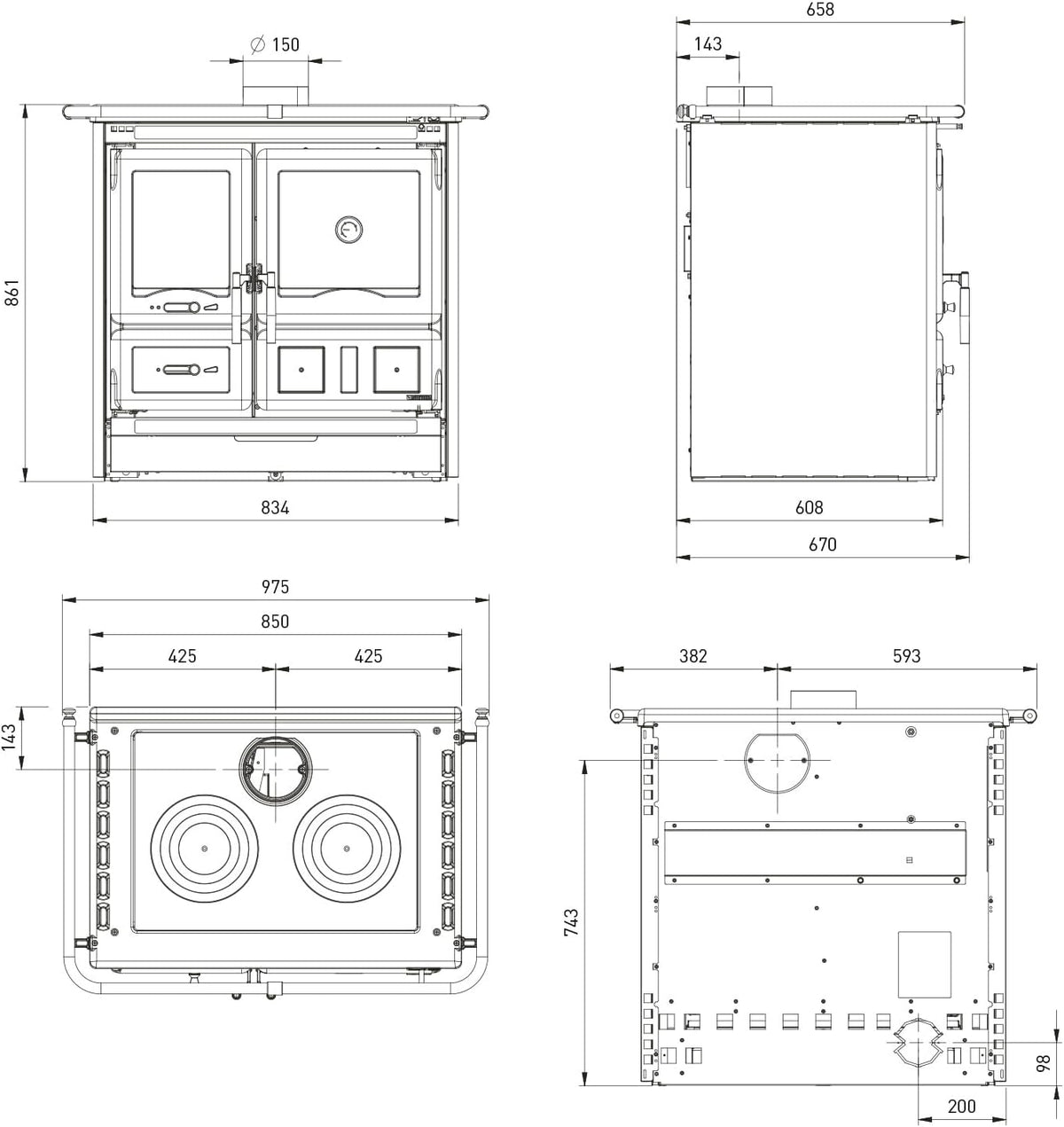 Cocina de leña La Nordica Rosa L 16, acero antracita negro, 9,5 kW, horno con ventana de visualización, placa de cocción de hierro fundido