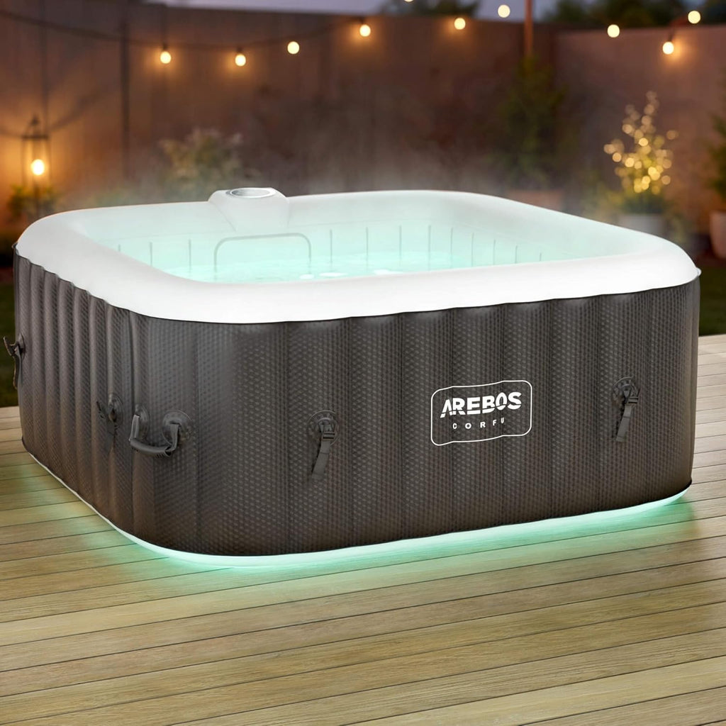 Jacuzzi Arebos | 154 x 154 cm | con iluminación LED | inflable | cuadrado | interior y exterior | 4 personas | 100 chorros de masaje | con calefacción | 600 L | incluye cubierta | Bubble Spa y masaje de bienestar