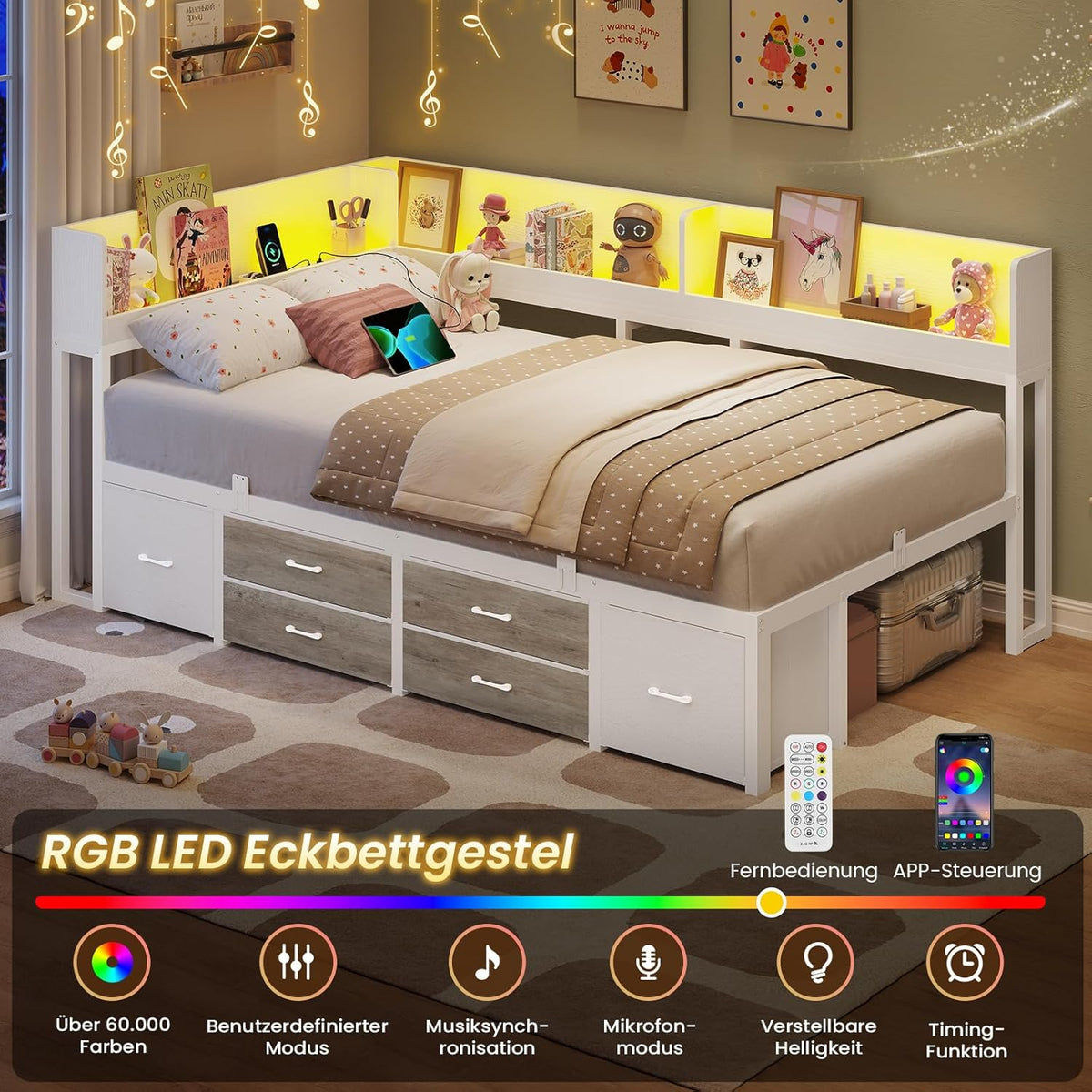AOGLLATI Cama de 90x200 con almacenamiento, sofá cama con estantería integrada y 6 cajones, cama juvenil con iluminación LED y estación de carga, cama de invitados, diván, estructura de cama con somier (Blanco, 90x200 cm)