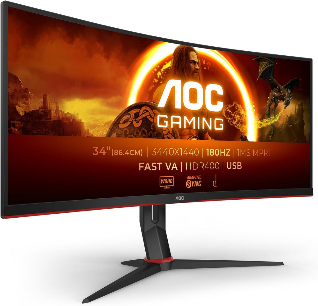 AOC Gaming CU34G2XPD - Monitor curvo WQHD de 34 pulgadas, 180Hz, 1ms, FreeSync Premium (3440x1440, HDMI, DisplayPort, Hub USB) Negro/Rojo
