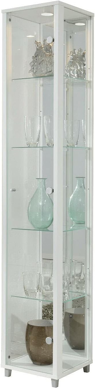 Vitrina de cristal VR-Wohnwelten (172x32x33 cm) en blanco con 4 estantes de cristal, espejo y LED - Vitrina para coches de colección blanca - Armario vitrina blanco - Vitrina para coleccionistas blanca - Mueble de salón estantería armario de pared