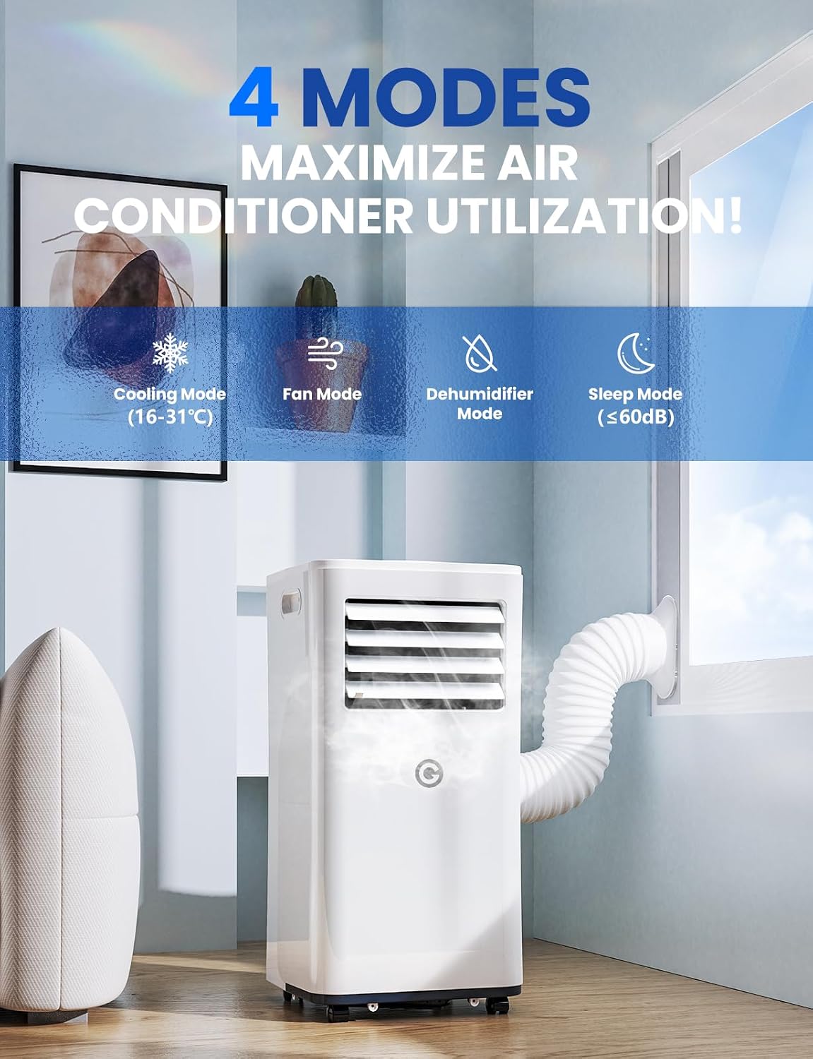Aire acondicionado portátil de 9000 BTU, 4 en 1: refrigeración, ventilador, deshumidificador y modo sueño, silencioso, con mando a distancia, temporizador de 24 h y kit de ventana, para dormitorio, oficina, garaje, 33 m²