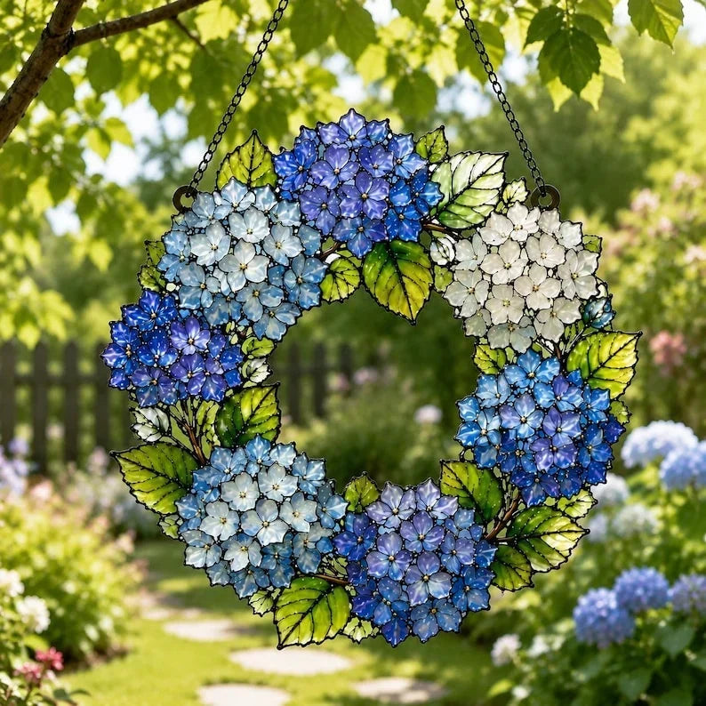 Atrapasol de hortensias, decoración acrílica para ventana con flores de hortensia azules