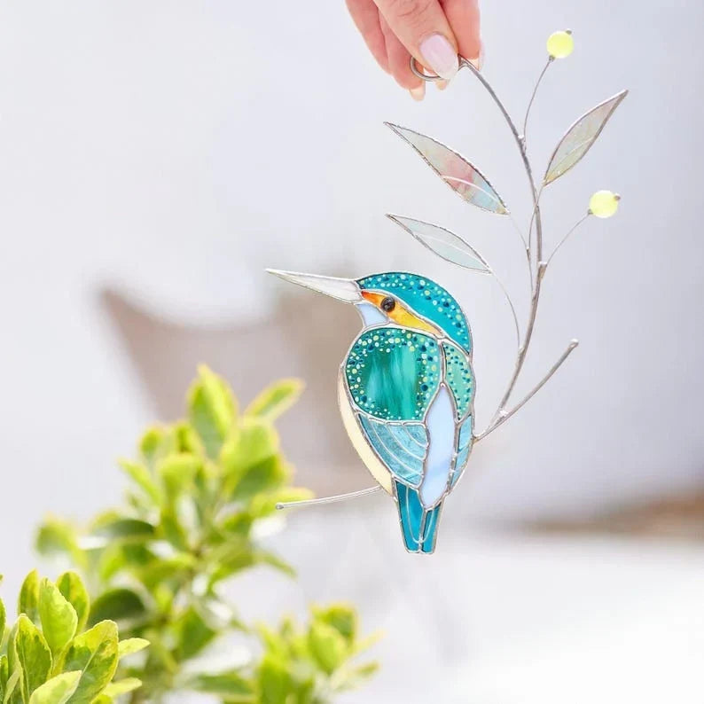 Adorno de ventana de vitral de martín pescador para papá | Regalo de pájaro colorido