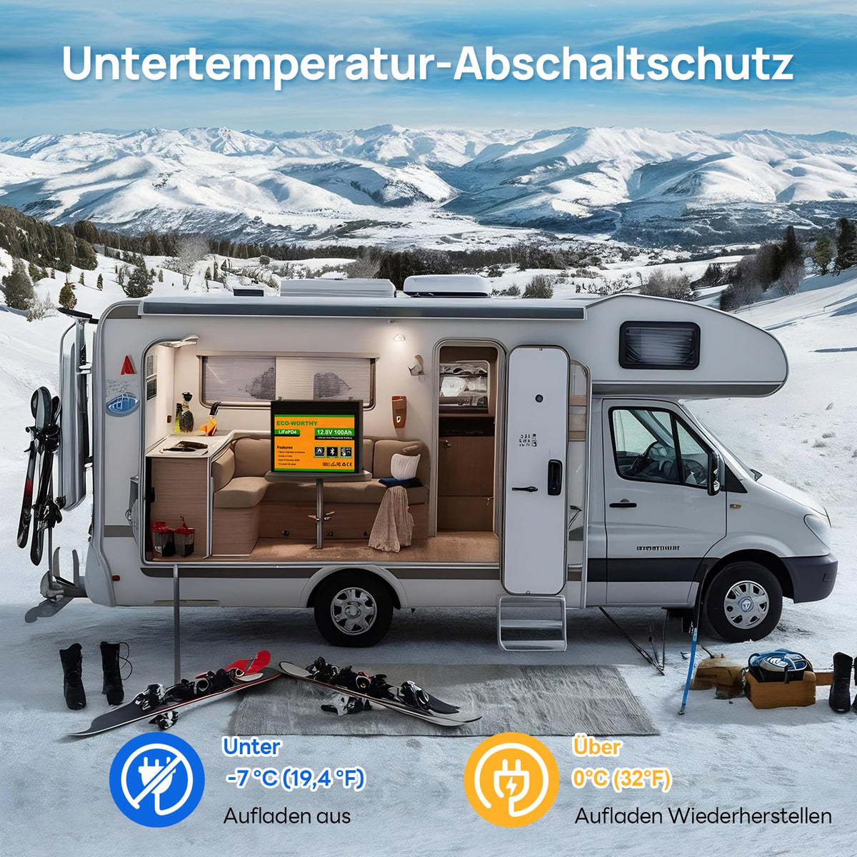 ECO-WORTHY LiFePO4 12V 100Ah Bluetooth con cargador de 12/24V 20A, BMS, protección contra bajas temperaturas para autocaravana, barco y caravana