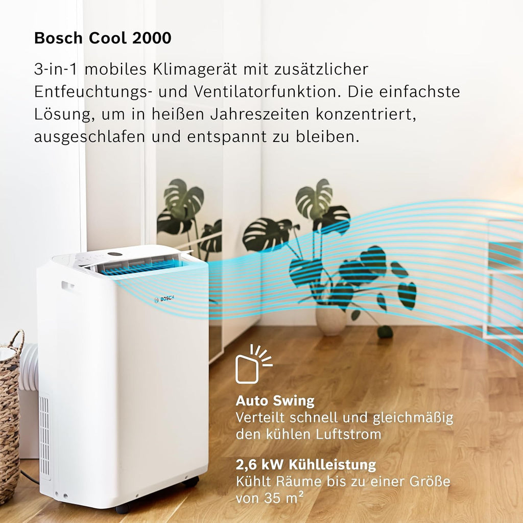 Acondicionador de aire móvil Bosch Cool 4000 - 3 en 1: aire acondicionado, deshumidificador, ventilador - 2,6 kW para habitaciones de hasta 35 m² - Con modo automático, modo silencioso y modo de suspensión