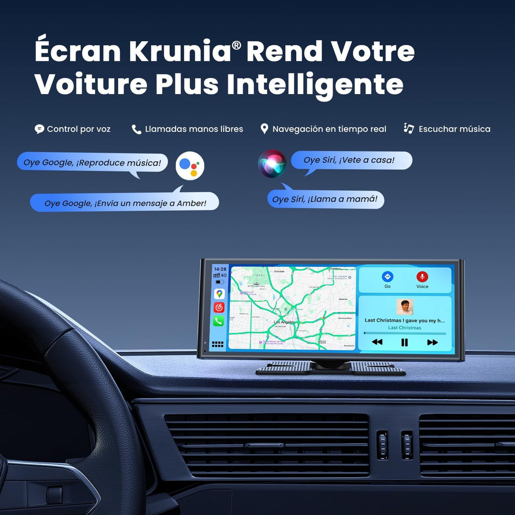 Pantalla portátil inalámbrica Krunia de 9,26" para Apple CarPlay y Android Auto, actualizaciones OTA, cámara de visión trasera, Mirror Link, Bluetooth 5.0, control por voz, navegación GPS, FM