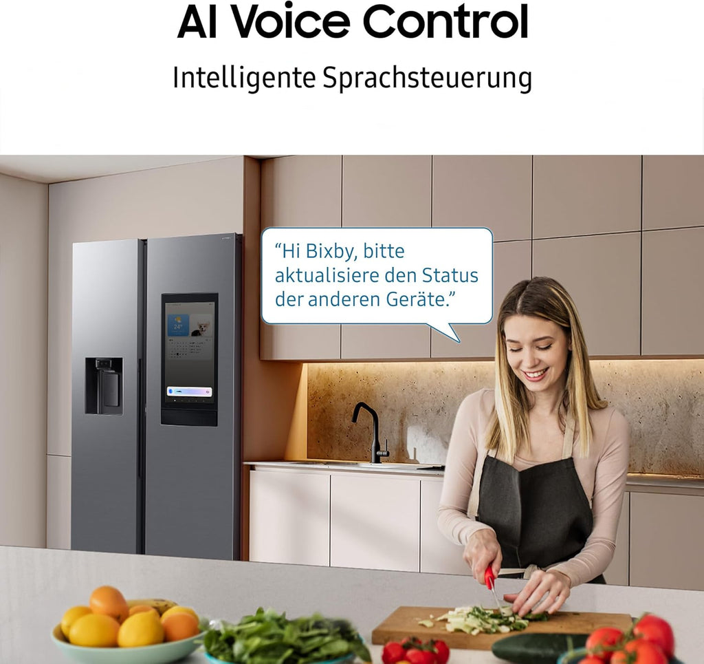 Frigorífico americano Samsung RS90F66BEFEF, frigorífico AI con congelador, 178 cm, 614 l, dispensador de hielo/agua con conexión a la red, Family Hub, AI Energy & Voice Control, acero inoxidable negro