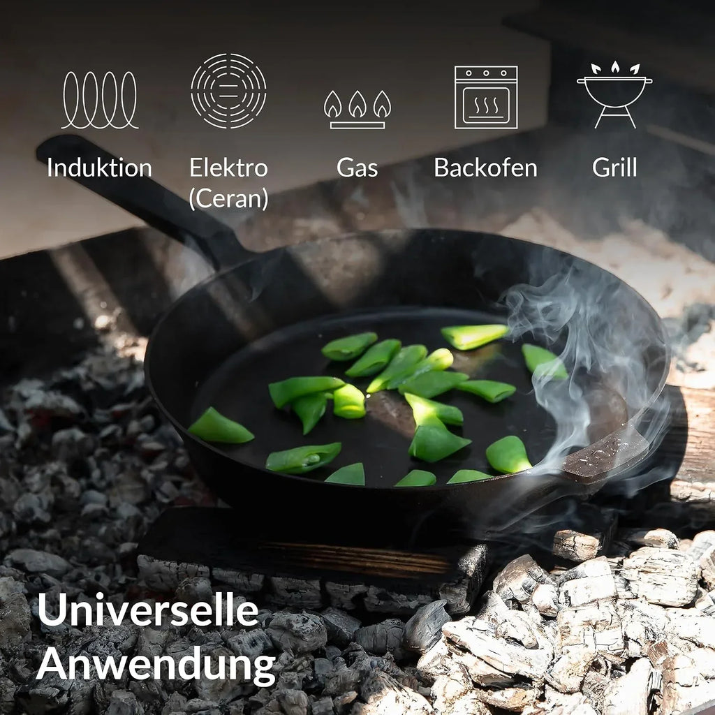 Sartén de hierro fundido de 28 cm, apta para inducción y todo tipo de cocinas, pulida finamente, sin recubrimiento, fabricada en Alemania.