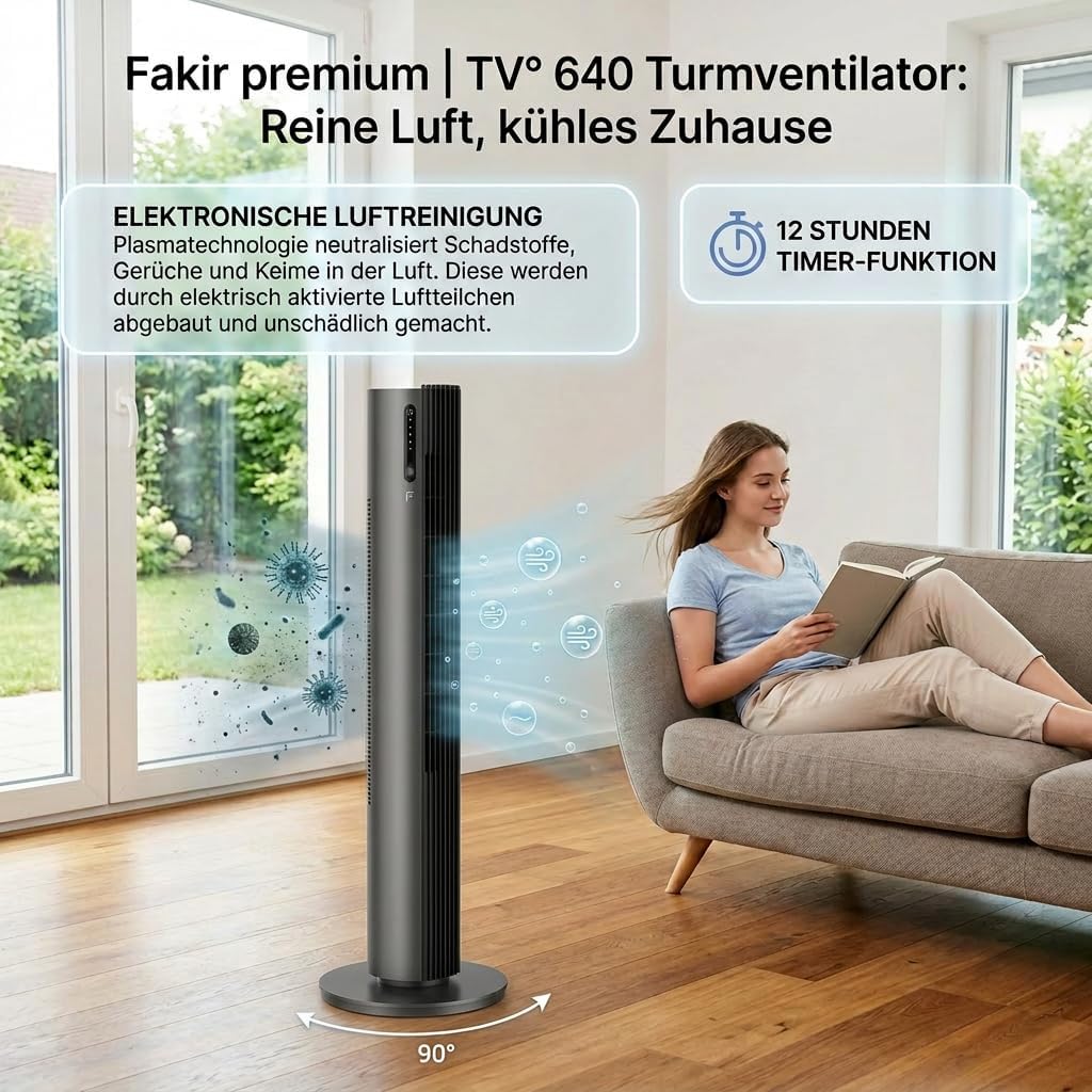 Ventilador de torre Fakir Premium TV° 640 - Ventilador silencioso de 32dB(A), motor CC, 12 niveles, temporizador de 12h, pantalla LED, mando a distancia y oscilación de 90°, purificación de aire, 450m³/h, 110cm de altura, color: antracita