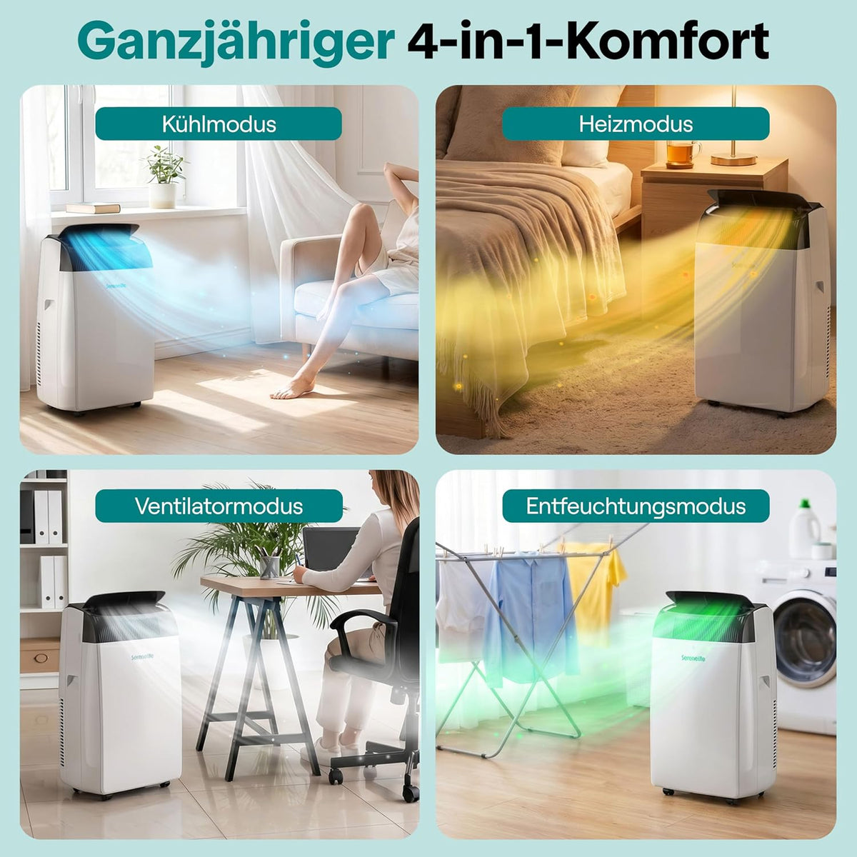 Aire acondicionado portátil SereneLife 4,1 kW 14000 BTU – Aire acondicionado con función de calefacción para habitaciones de hasta 40 m², silencioso 51 dB, unidad de aire acondicionado para dormitorio con deshumidificador, ventilador, control remoto