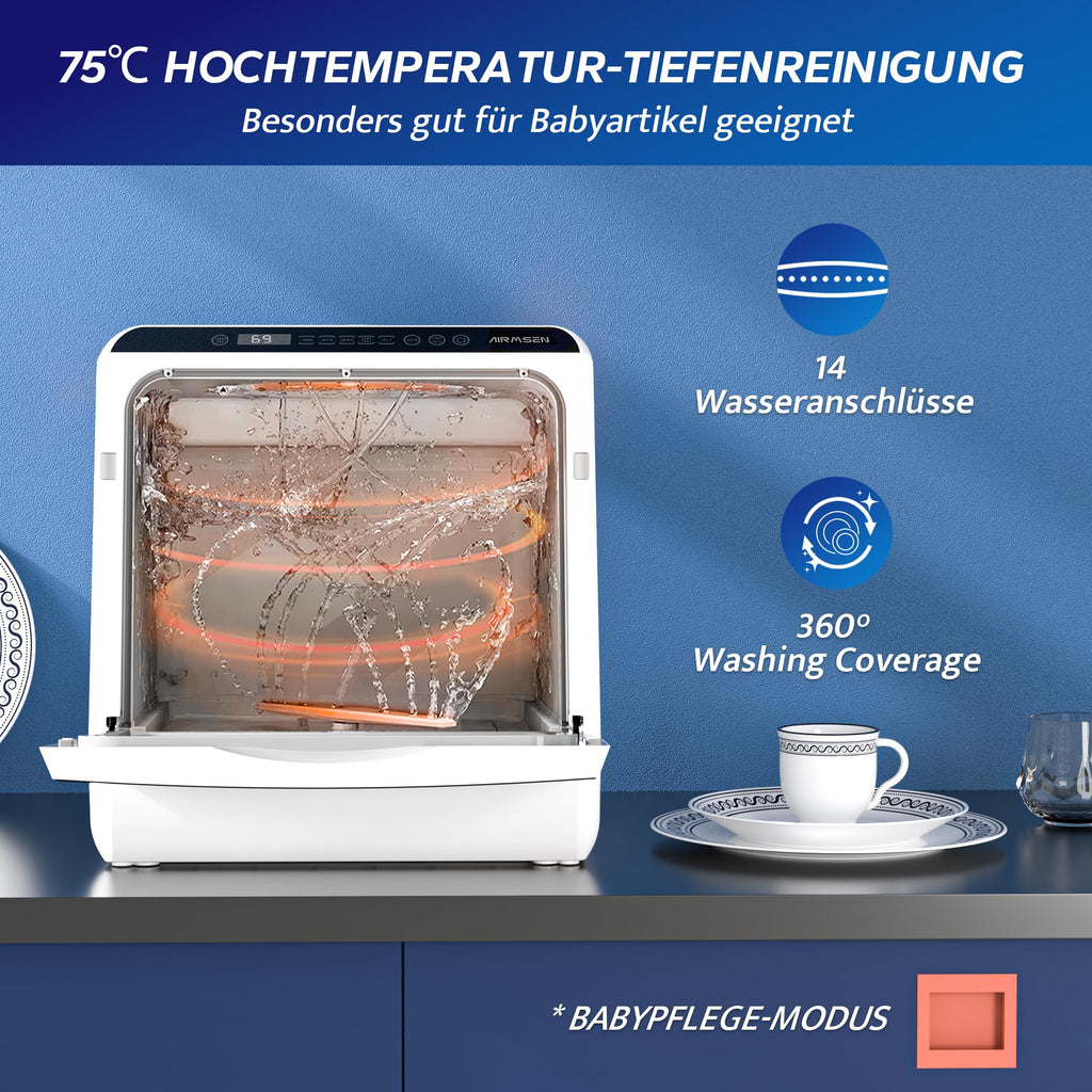 Minilavavajillas de mesa AIRMSEN, 5+1 programas, depósito de agua de 5 l, pantalla LED con control táctil, clase energética D