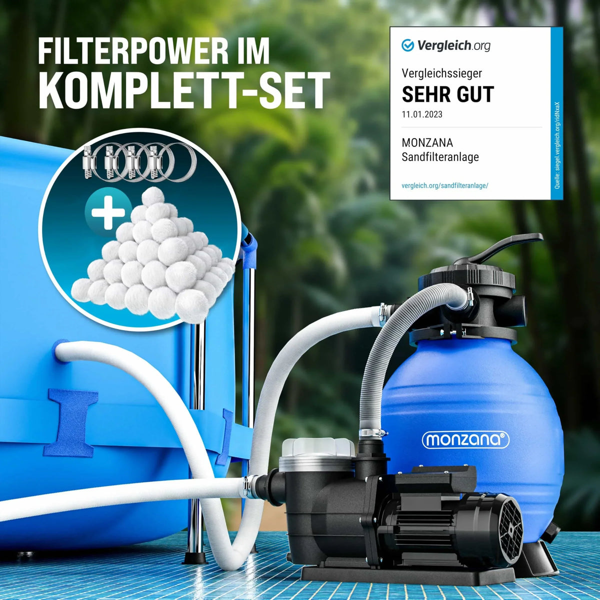 Sistema de filtración de arena SF96K 9600 l/h 400 W para piscinas de hasta 30000 l con tanque de filtro de 25 l, válvula de 7 vías y bolas filtrantes