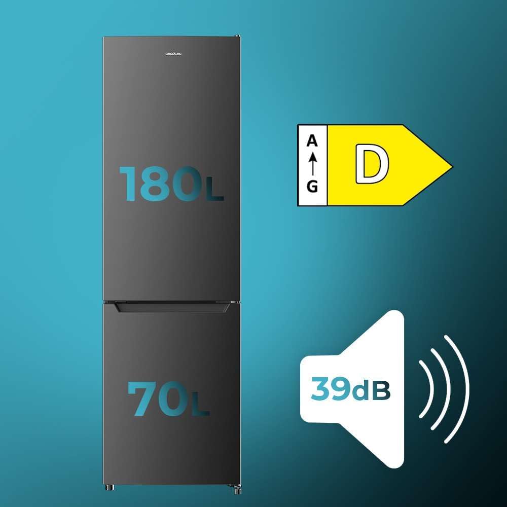 Frigorífico combi Cecotec Bolero CoolMarket Combi 250 Dark D. Capacidad de 250 L, clase D, compresor Inverter, Total No Frost, Multi Airflow y puerta reversible. Ahorro de energía garantizado.