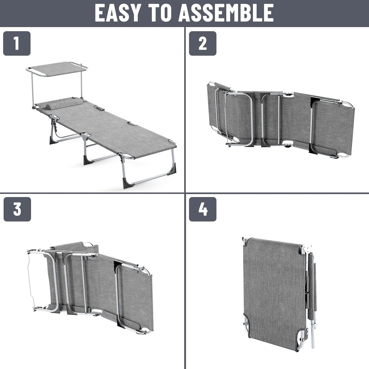 Set de 2 tumbonas plegables 194 x 68 x 29 cm, silla de aluminio con capacidad de hasta 150 kg, tumbona de playa y jardín resistente a la intemperie, con protección solar y respaldo ajustable, gris claro