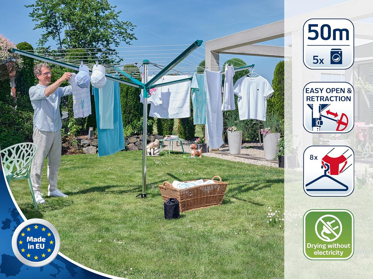 Tendedero tipo paraguas Leifheit Linomatic 500 Deluxe con sistema de retracción de cuerdas para una ropa limpia, tendedero para toda la familia, incluye base para suelo y funda protectora, 50 m de cuerda para 5 cargas de lavado