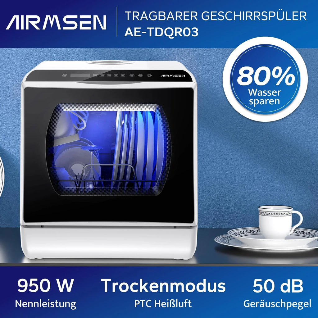 Minilavavajillas de mesa AIRMSEN, 5+1 programas, depósito de agua de 5 l, pantalla LED con control táctil, clase energética D
