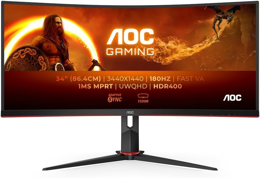 AOC Gaming CU34G2XPD - Monitor curvo WQHD de 34 pulgadas, 180Hz, 1ms, FreeSync Premium (3440x1440, HDMI, DisplayPort, Hub USB) Negro/Rojo